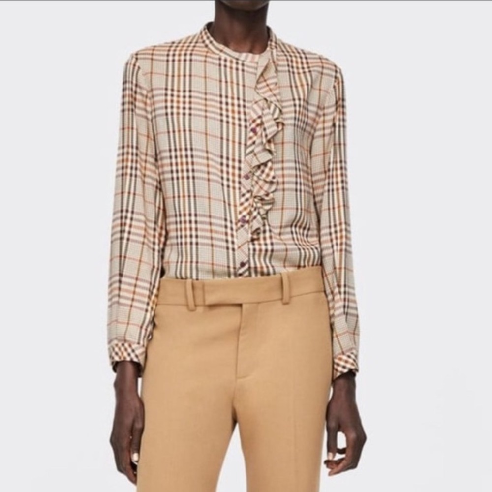 Plaid asymmetrical ruffle blouse